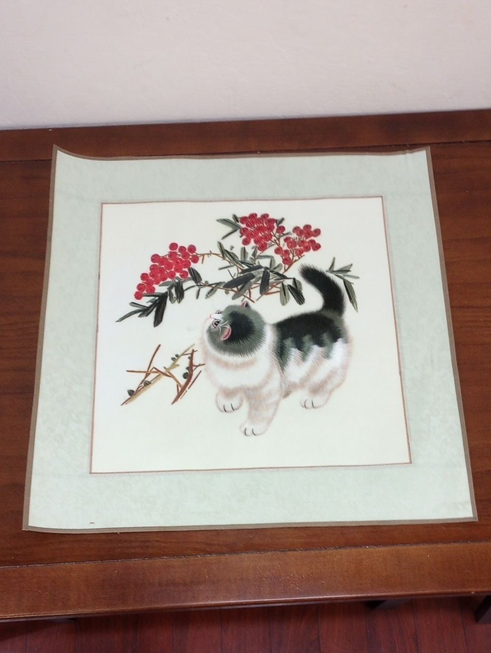 Chinese Handmade Suzhou Silk Embroidery Cat With Berries Art - Vintage!